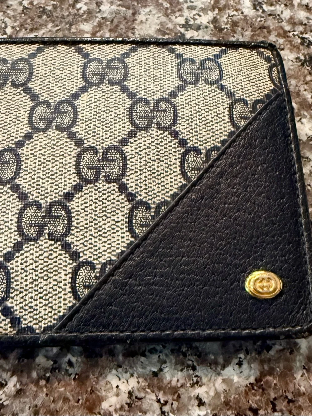 Gucci Beige and Black GG Canvas Bifold Wallet with Gold Snap